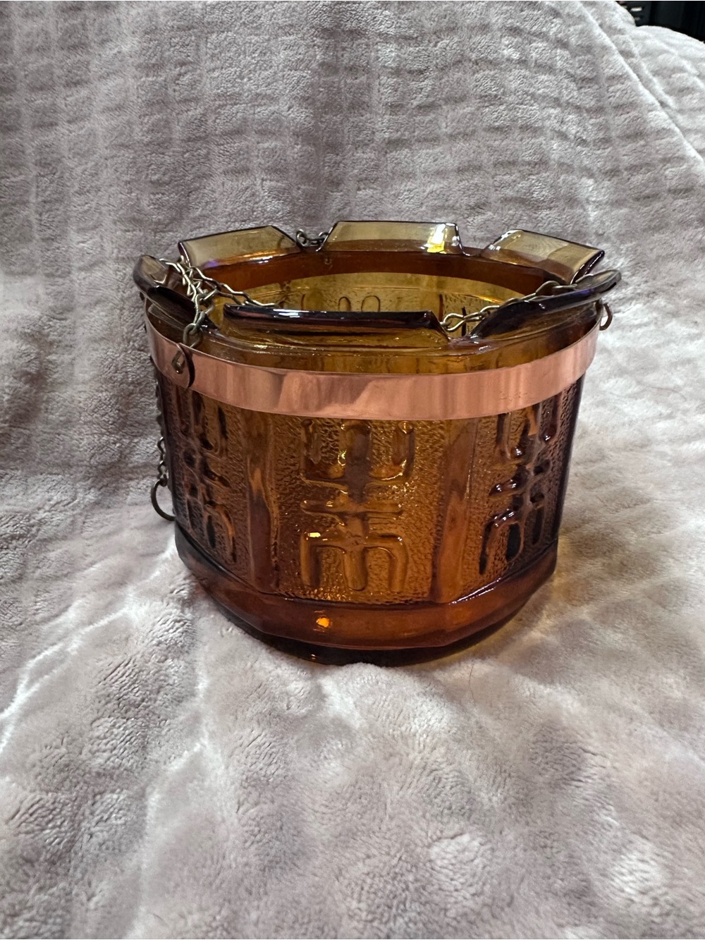 Princess house Amber Glass candle holder with Copper Accent - Home Accents